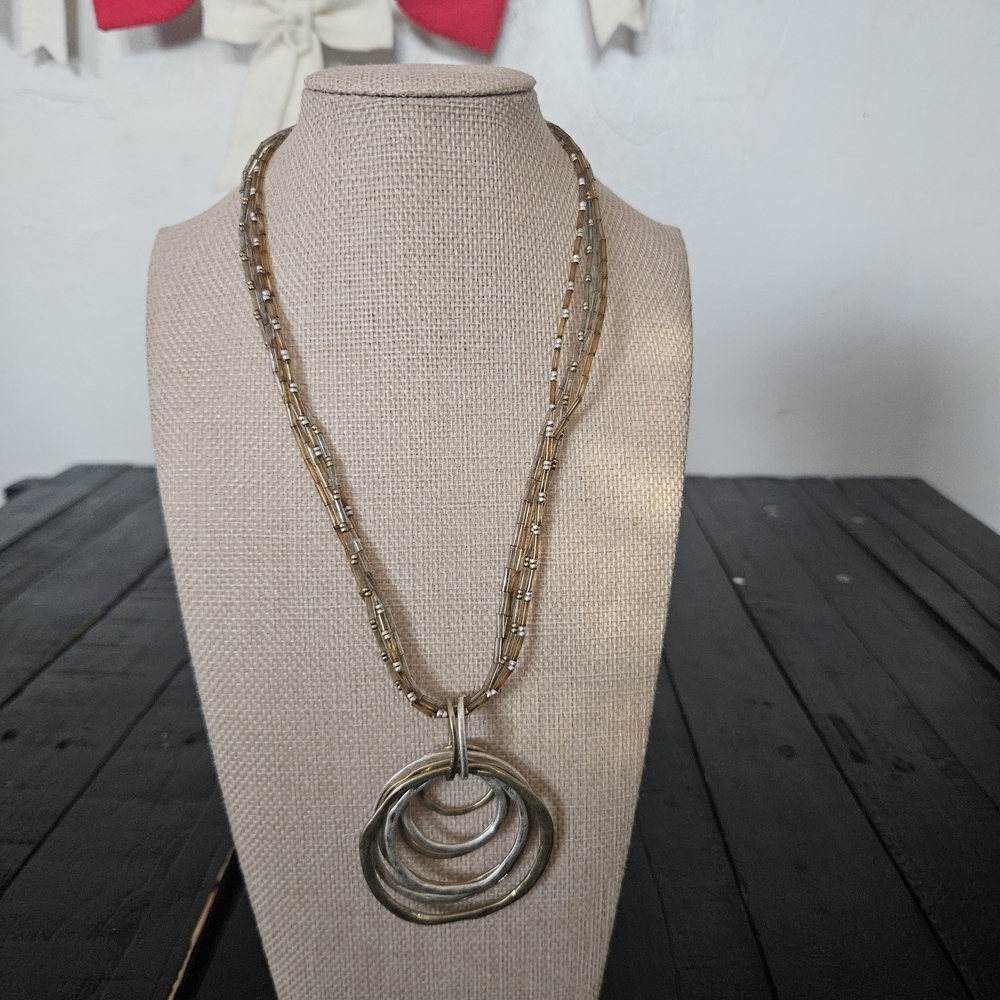 Laura Ashley Gold and Silver Beaded Layered Necklace Circle Pendant Statement